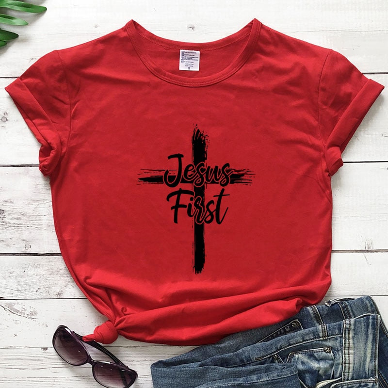 Cross Jesus First 100% Cotton T-shirt Catholic Christian Bible Top Tee Shirt Women Religious Christ Faith Tshirt