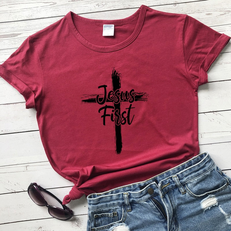 Cross Jesus First 100% Cotton T-shirt Catholic Christian Bible Top Tee Shirt Women Religious Christ Faith Tshirt