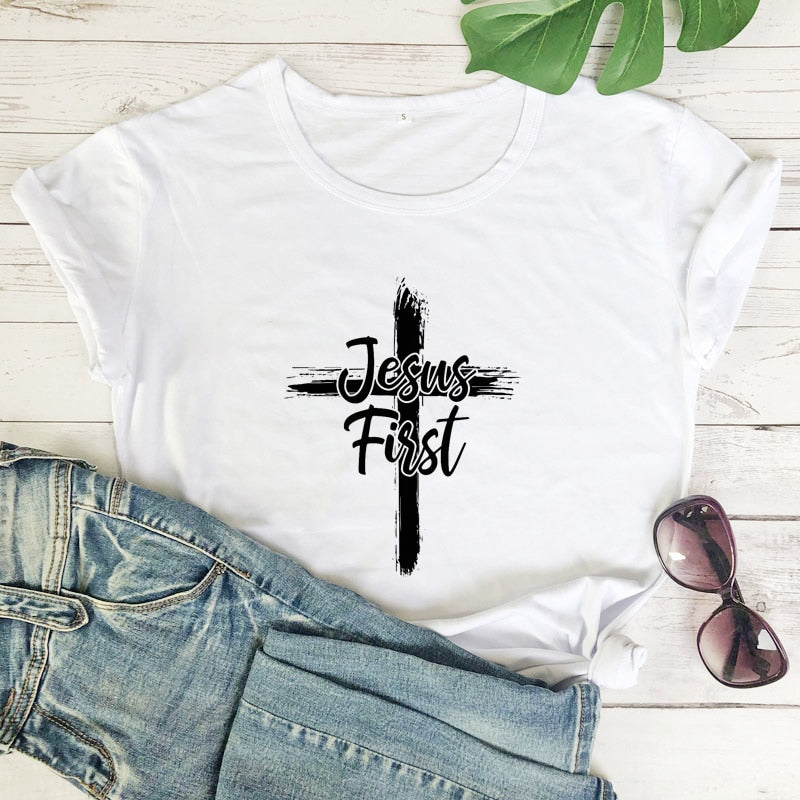 Cross Jesus First 100% Cotton T-shirt Catholic Christian Bible Top Tee Shirt Women Religious Christ Faith Tshirt