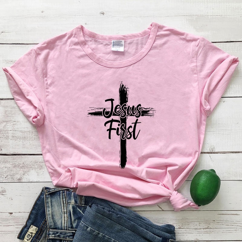 Cross Jesus First 100% Cotton T-shirt Catholic Christian Bible Top Tee Shirt Women Religious Christ Faith Tshirt