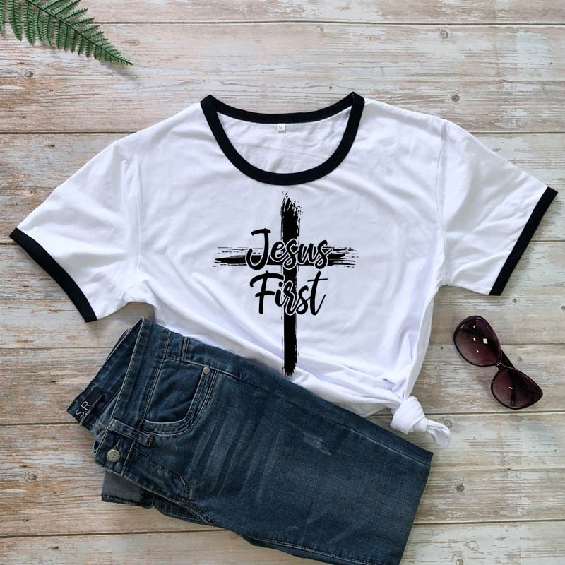 Cross Jesus First 100% Cotton T-shirt Catholic Christian Bible Top Tee Shirt Women Religious Christ Faith Tshirt