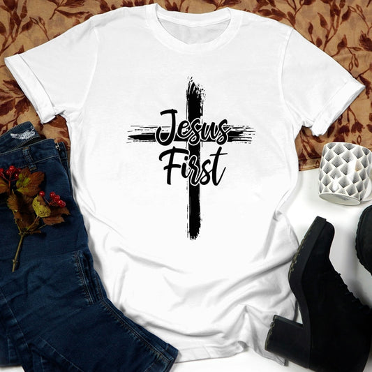 Cross Jesus First 100% Cotton T-shirt Catholic Christian Bible Top Tee Shirt Women Religious Christ Faith Tshirt