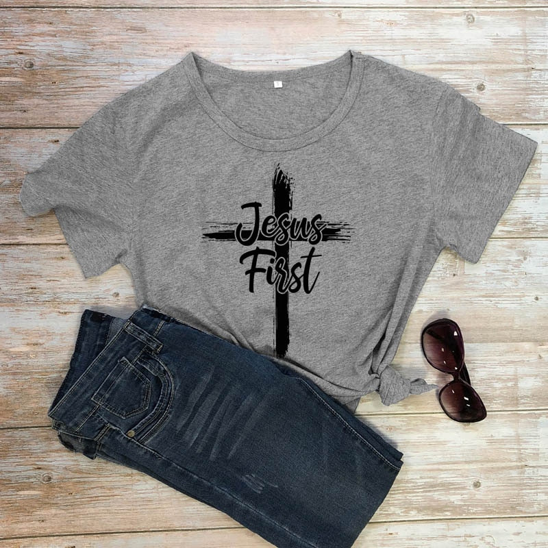 Cross Jesus First 100% Cotton T-shirt Catholic Christian Bible Top Tee Shirt Women Religious Christ Faith Tshirt