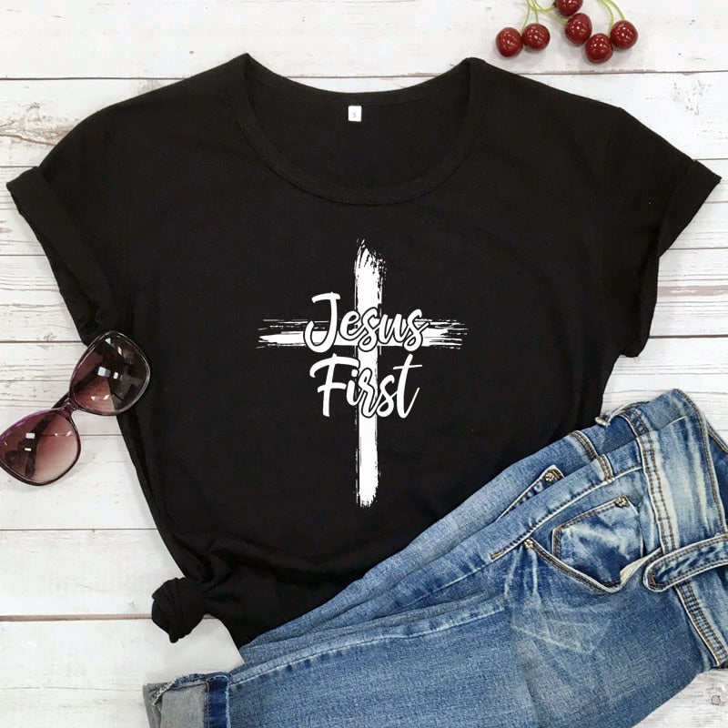 Cross Jesus First 100% Cotton T-shirt Catholic Christian Bible Top Tee Shirt Women Religious Christ Faith Tshirt