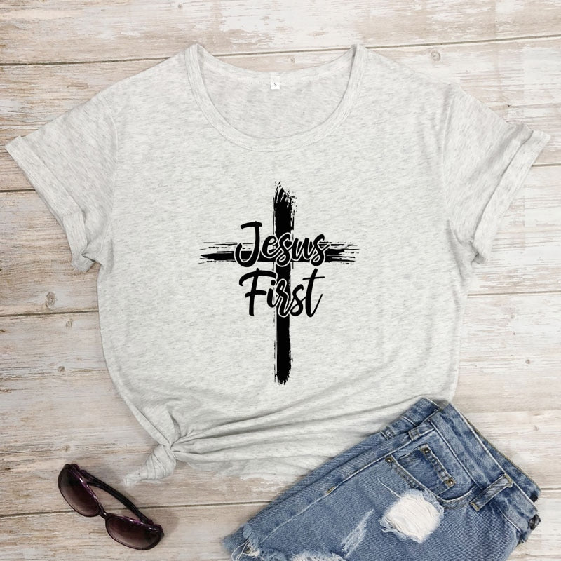 Cross Jesus First 100% Cotton T-shirt Catholic Christian Bible Top Tee Shirt Women Religious Christ Faith Tshirt