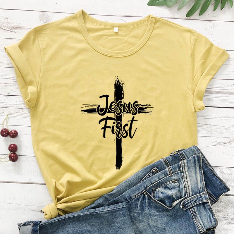 Cross Jesus First 100% Cotton T-shirt Catholic Christian Bible Top Tee Shirt Women Religious Christ Faith Tshirt