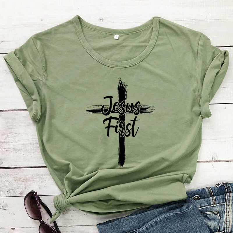 Cross Jesus First 100% Cotton T-shirt Catholic Christian Bible Top Tee Shirt Women Religious Christ Faith Tshirt