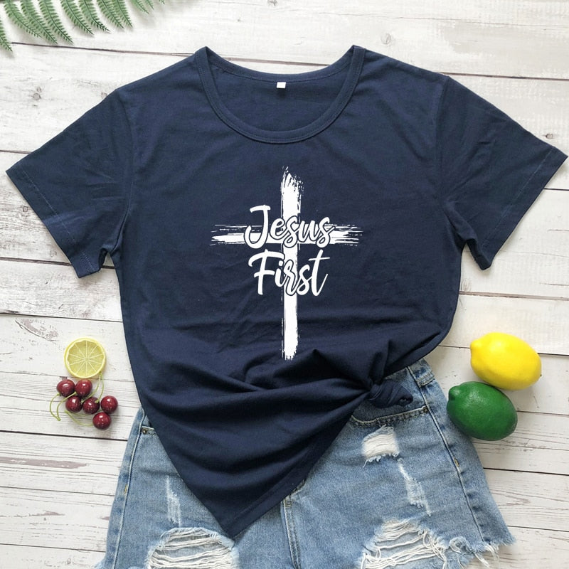 Cross Jesus First 100% Cotton T-shirt Catholic Christian Bible Top Tee Shirt Women Religious Christ Faith Tshirt