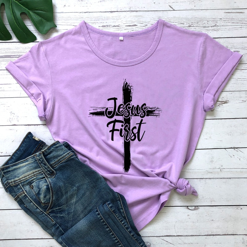 Cross Jesus First 100% Cotton T-shirt Catholic Christian Bible Top Tee Shirt Women Religious Christ Faith Tshirt