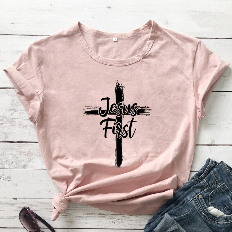 Cross Jesus First 100% Cotton T-shirt Catholic Christian Bible Top Tee Shirt Women Religious Christ Faith Tshirt