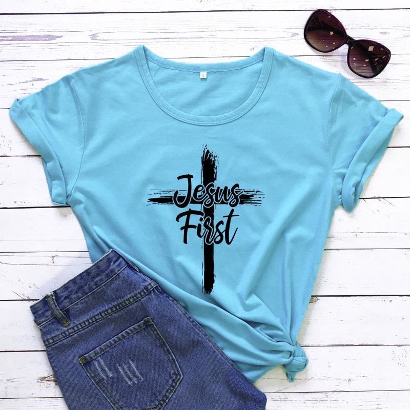 Cross Jesus First 100% Cotton T-shirt Catholic Christian Bible Top Tee Shirt Women Religious Christ Faith Tshirt