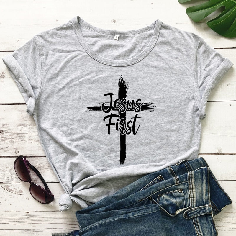 Cross Jesus First 100% Cotton T-shirt Catholic Christian Bible Top Tee Shirt Women Religious Christ Faith Tshirt